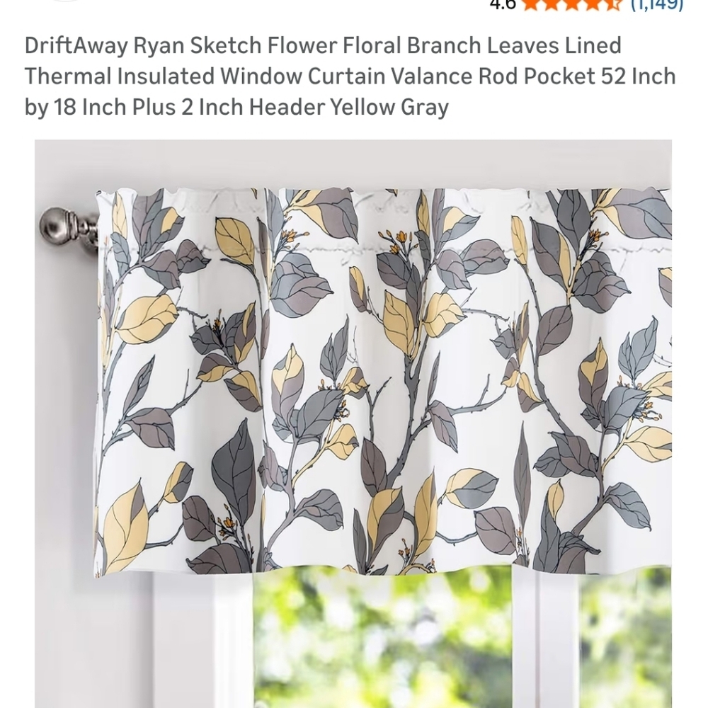 Floral Branch Valance - White, Gray & Yellow -